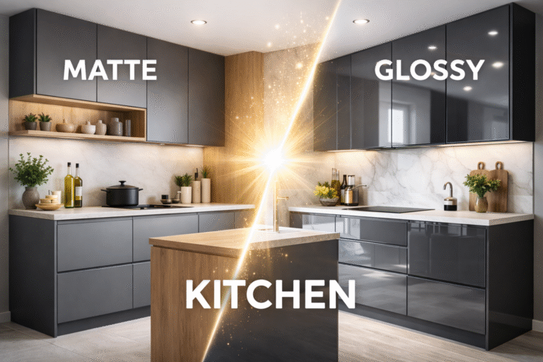 Side-by-side comparison of matte and glossy kitchen shutters in a modern modular kitchen design