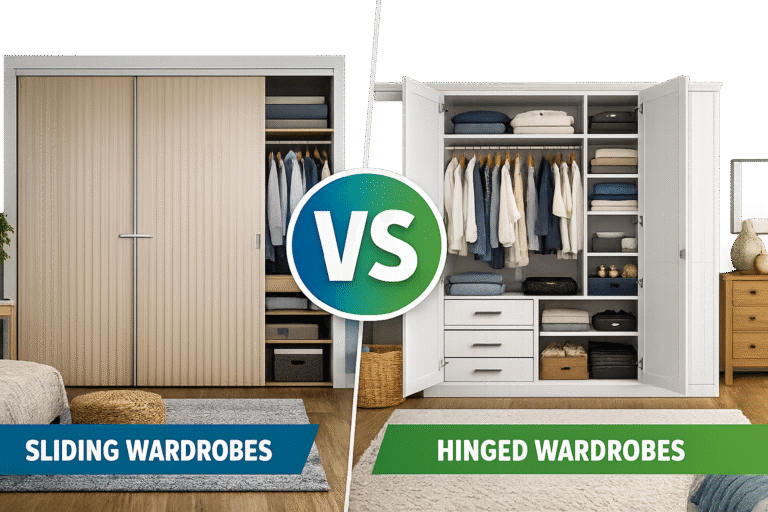 A comparison of sliding and hinged wardrobes in a bedroom setting. The left side features a modern sliding wardrobe with mirrored doors, while the right side displays a hinged wardrobe with open doors revealing organized clothes.