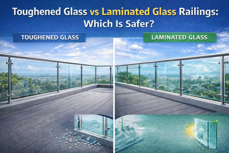 Comparison of toughened and laminated glass railings showing their safety features.