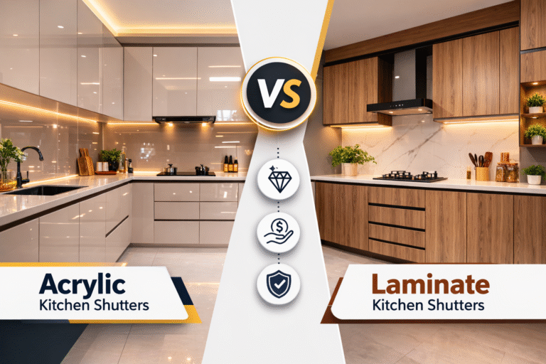 Comparison of Acrylic and Laminate kitchen shutters in different styles.