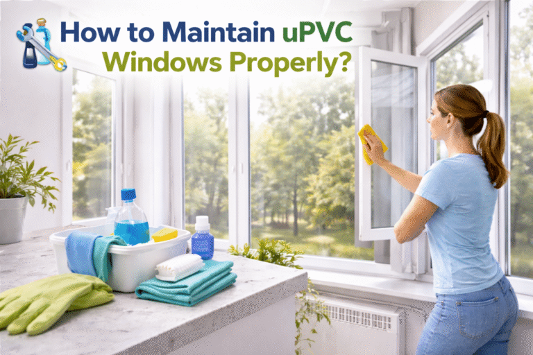 Cleaning and maintaining uPVC windows with tools and cloth for long-lasting performance