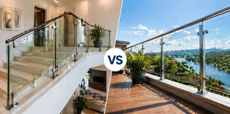 A comparison of indoor and outdoor glass railings, showcasing the different materials and designs for both settings.