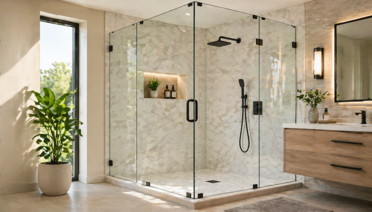 Modern frameless glass shower enclosure in a luxury bathroom with clean and elegant design.