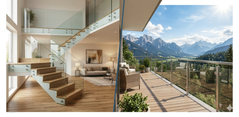 Comparison of indoor and outdoor glass railings: A modern indoor space with a mezzanine level and an outdoor seaside deck with ocean views.