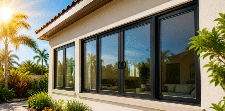 An image showcasing energy-efficient windows designed for hot climates, reflecting sunlight and providing insulation.
