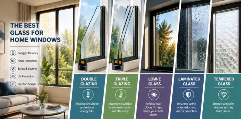 A close-up of energy-efficient window glass installed in a home, showing how different glass types can improve insulation and comfort.