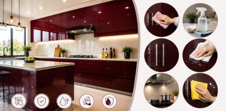 Modern high-gloss kitchen cabinets with a clean reflective finish in a stylish contemporary kitchen.