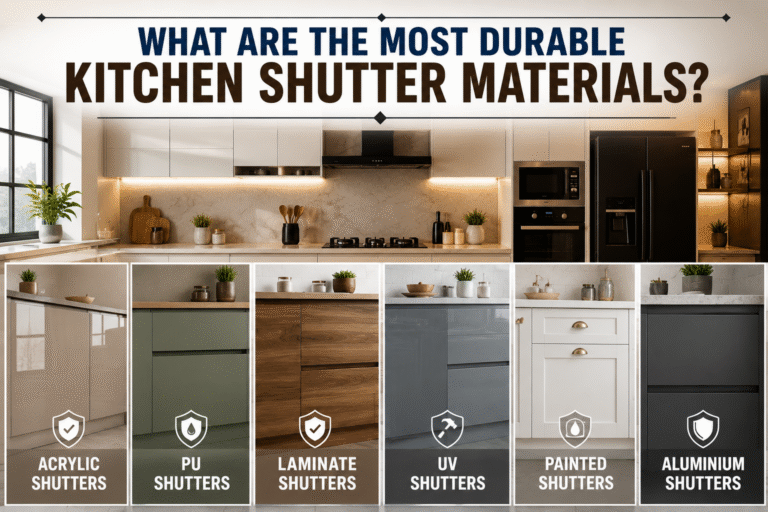 Modern modular kitchen featuring durable kitchen shutter materials with stylish cabinets and premium finishes.
