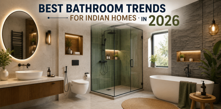 Modern luxury Indian bathroom with smart fittings, glass shower cabin, ambient lighting, and elegant interior design.