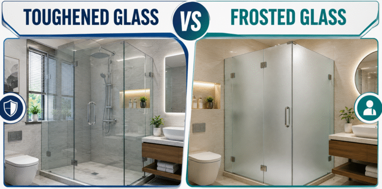 Modern bathroom featuring toughened clear glass and frosted glass shower partitions for comparison.