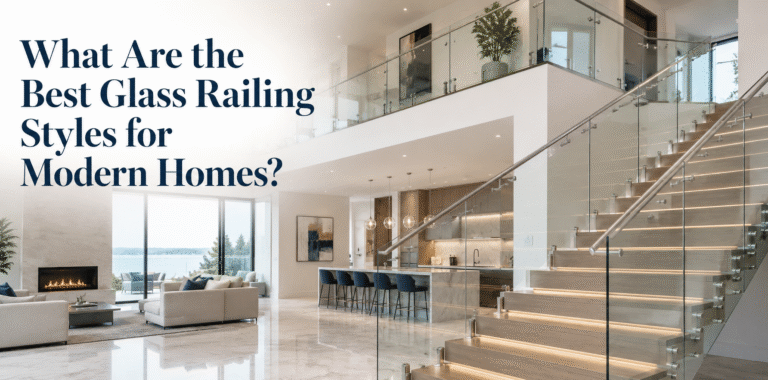 Modern home interior with elegant glass railing design for staircase and balcony.