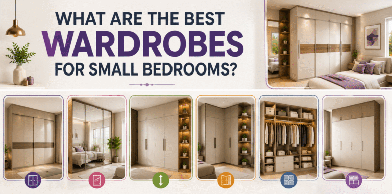 Small bedroom with a modern space-saving wardrobe, sliding doors, mirror panels, and smart storage design.