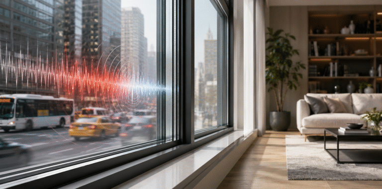 Modern home interior with soundproof windows reducing traffic noise and creating a peaceful indoor environment.