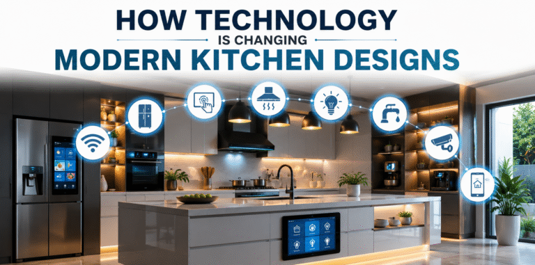 Modern smart kitchen interior with advanced appliances, automated storage solutions, and innovative technology features.