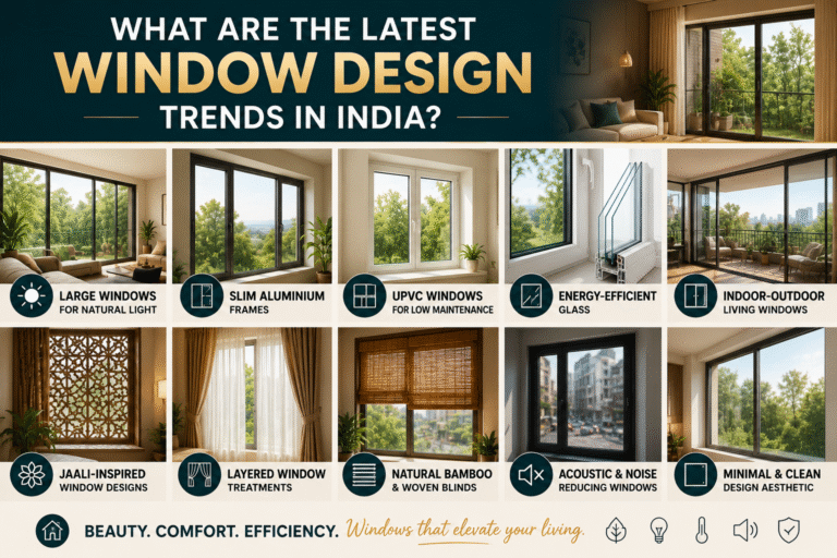 Modern Indian home interior with large energy-efficient windows, sleek frames, natural light, and stylish window treatments.