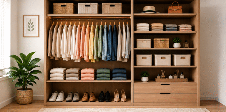 Neatly organized modern wardrobe with separate sections for clothes, accessories, shoes, and storage compartments.