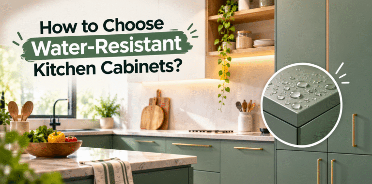 Modern modular kitchen with water-resistant cabinets, durable finishes, and moisture-resistant storage solutions.