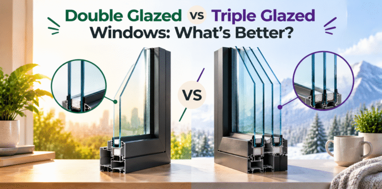 Comparison of double glazed and triple glazed windows showing multiple glass layers for insulation and noise reduction.