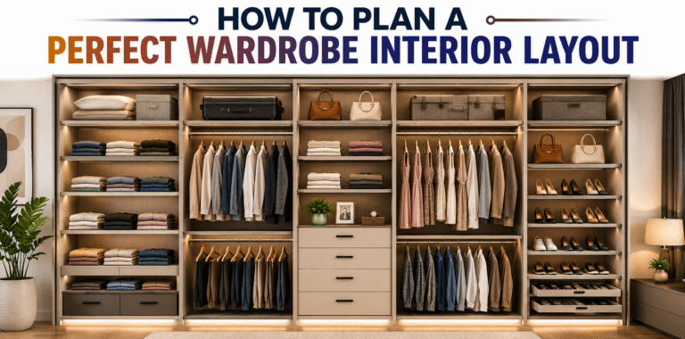 Modern wardrobe interior layout with organized shelves, hanging sections, drawers, and smart storage solutions.