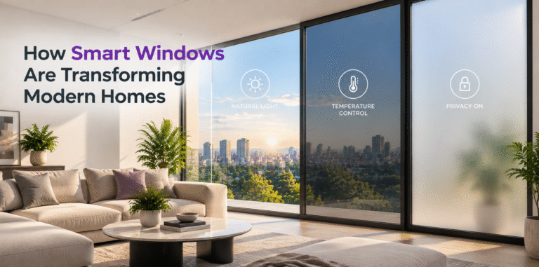 Modern smart windows in a luxury home with automated glass technology, natural lighting, and energy-efficient features.