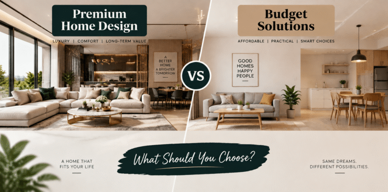 Comparison of premium home interiors and budget-friendly design solutions showing different materials, finishes, and styles.