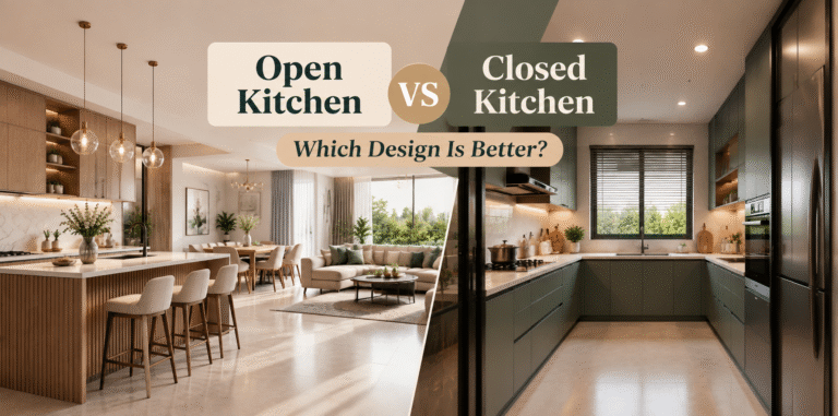 Modern home interior showing an open kitchen and closed kitchen design comparison with stylish modular cabinets.