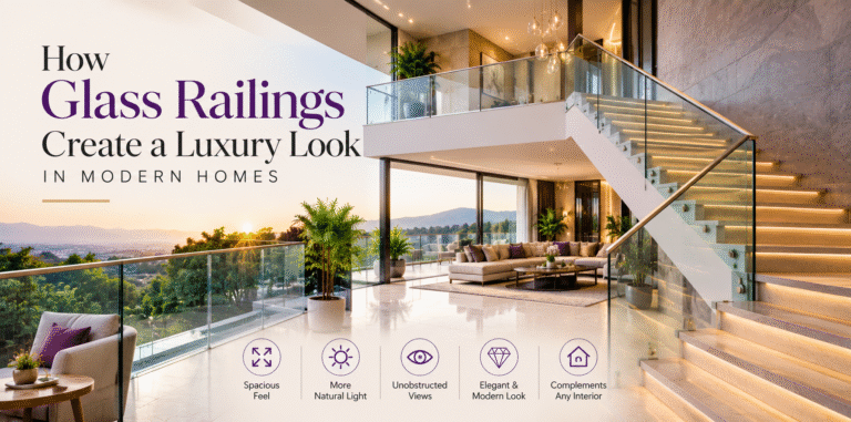 Luxury modern home featuring elegant glass railings on a staircase and balcony with a clean contemporary interior.