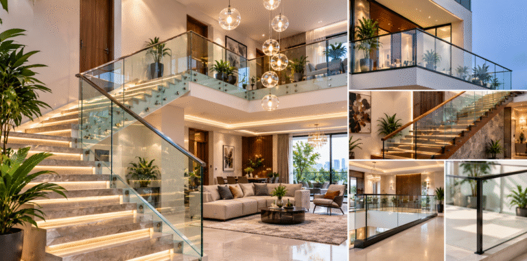 Modern duplex home featuring elegant glass railings on an open staircase and upper-floor balcony.